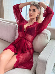 Casual Robes See Through Red Sash Daily Casual Pajamas Sleepwear
