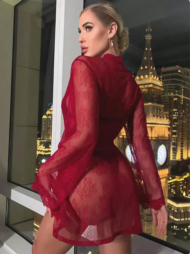 Casual Robes See Through Red Sash Daily Casual Pajamas Sleepwear