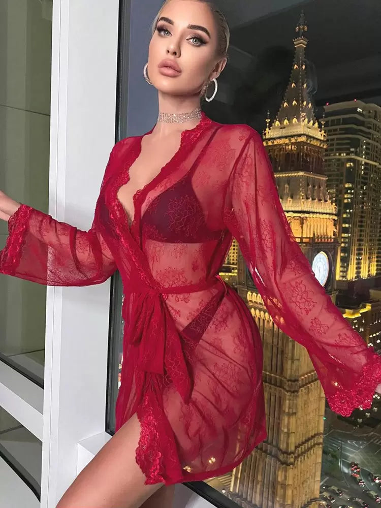 Casual Robes See Through Red Sash Daily Casual Pajamas Sleepwear