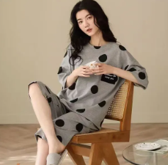 Casual Round Neck Collar Breathable Sleepwear Homewear Pajama set