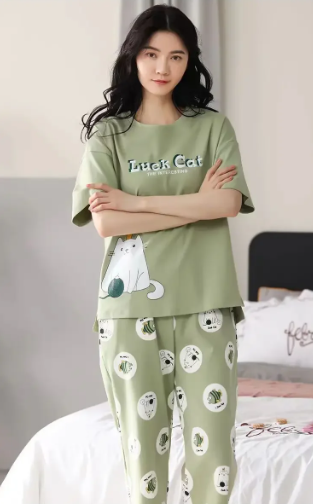 Casual Round Neck Collar Breathable Sleepwear Homewear Pajama set