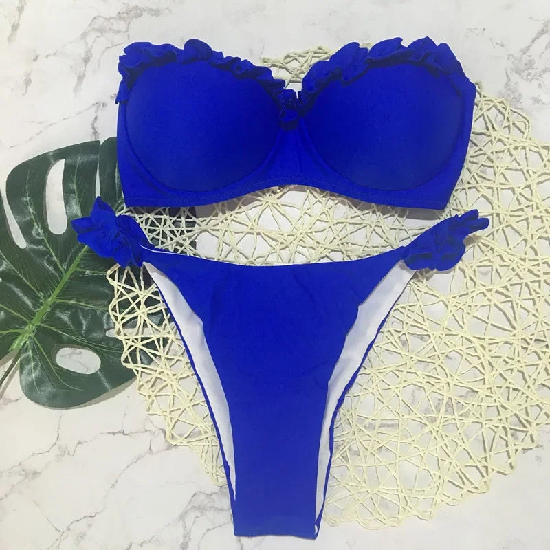 Casual Ruffled Bra Cup Bikinis High Cut Bathing Suit Two Pieces