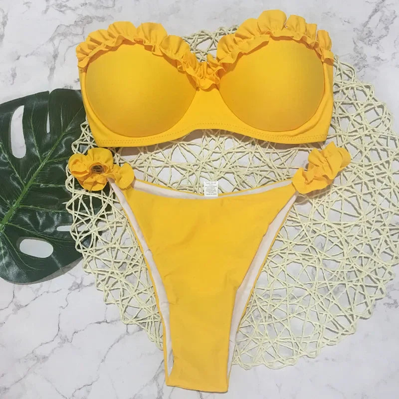 Casual Ruffled Bra Cup Bikinis High Cut Bathing Suit Two Pieces