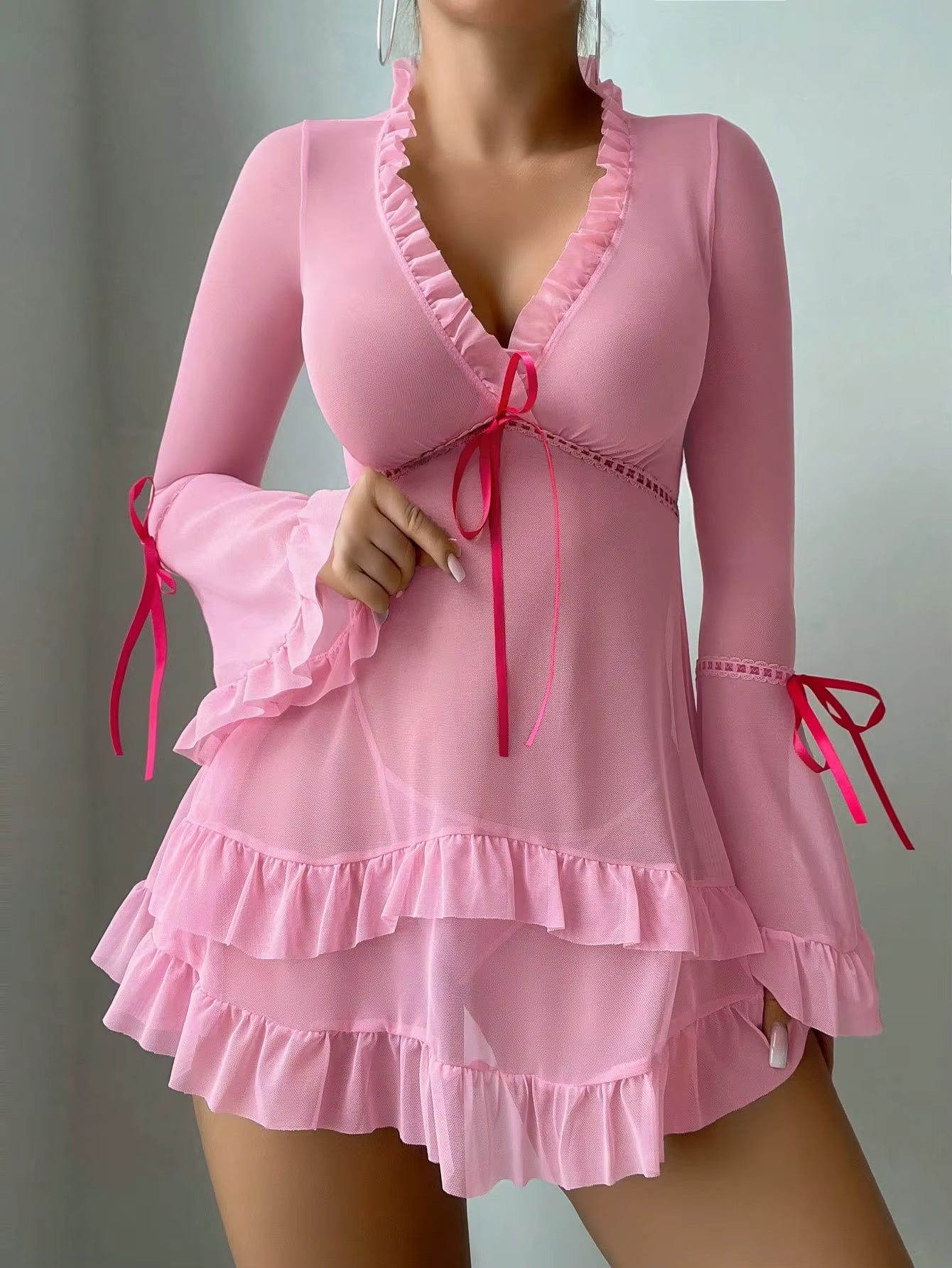 Casual Ruffles Flare Sleeve Frill Trim Deep-V Neck Short Mini Dresses