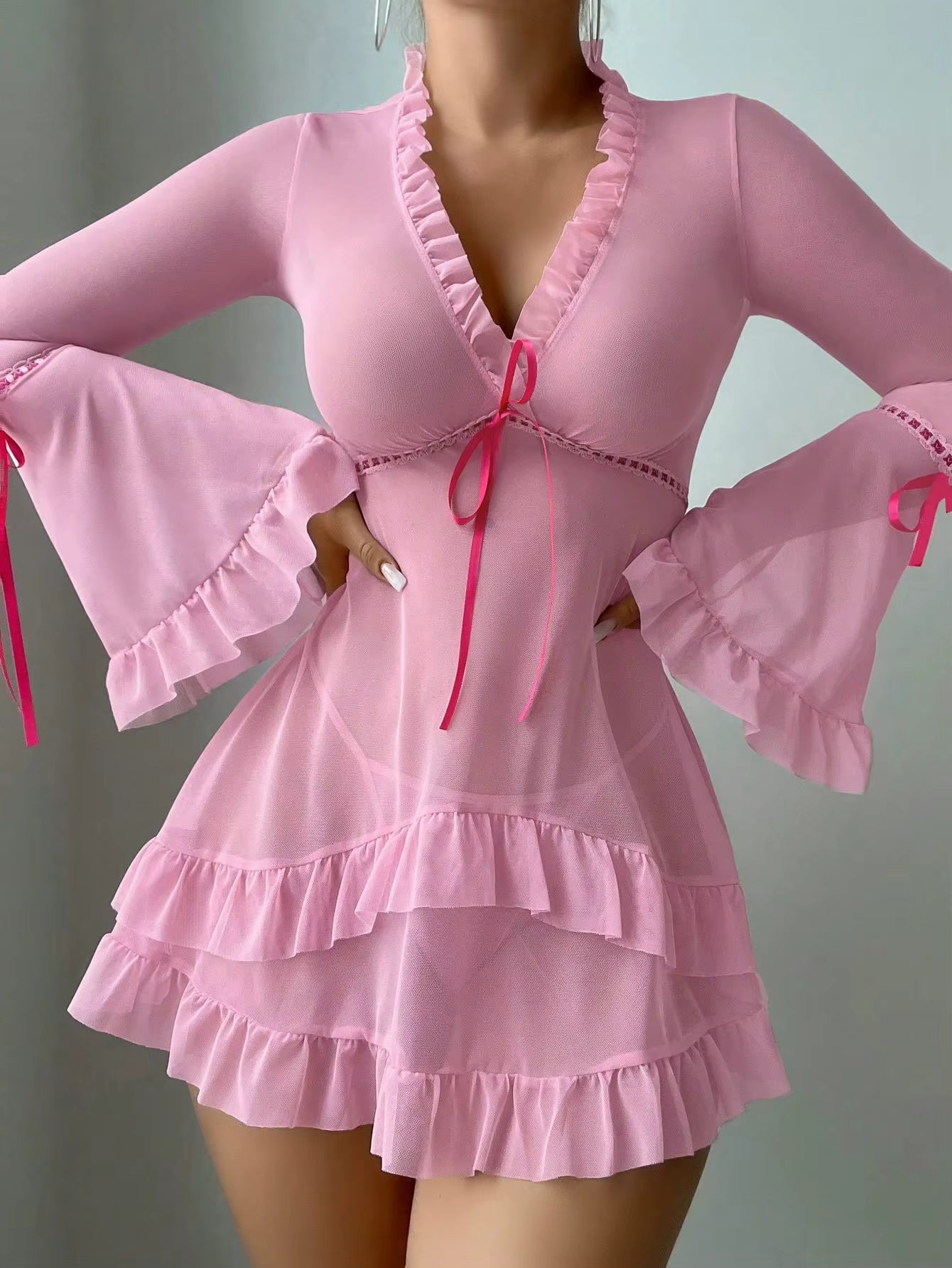 Casual Ruffles Flare Sleeve Frill Trim Deep-V Neck Short Mini Dresses