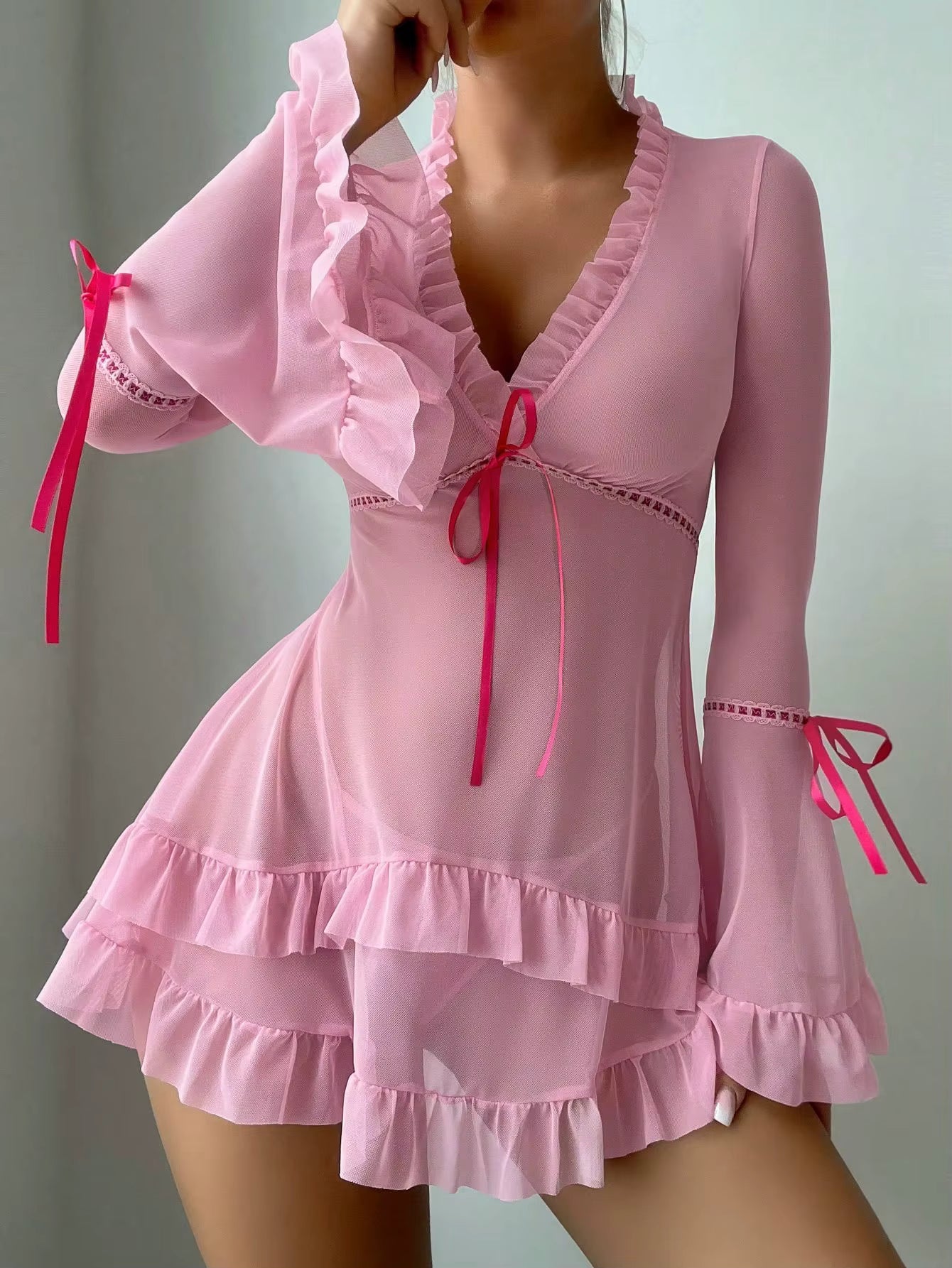 Casual Ruffles Flare Sleeve Frill Trim Deep-V Neck Short Mini Dresses