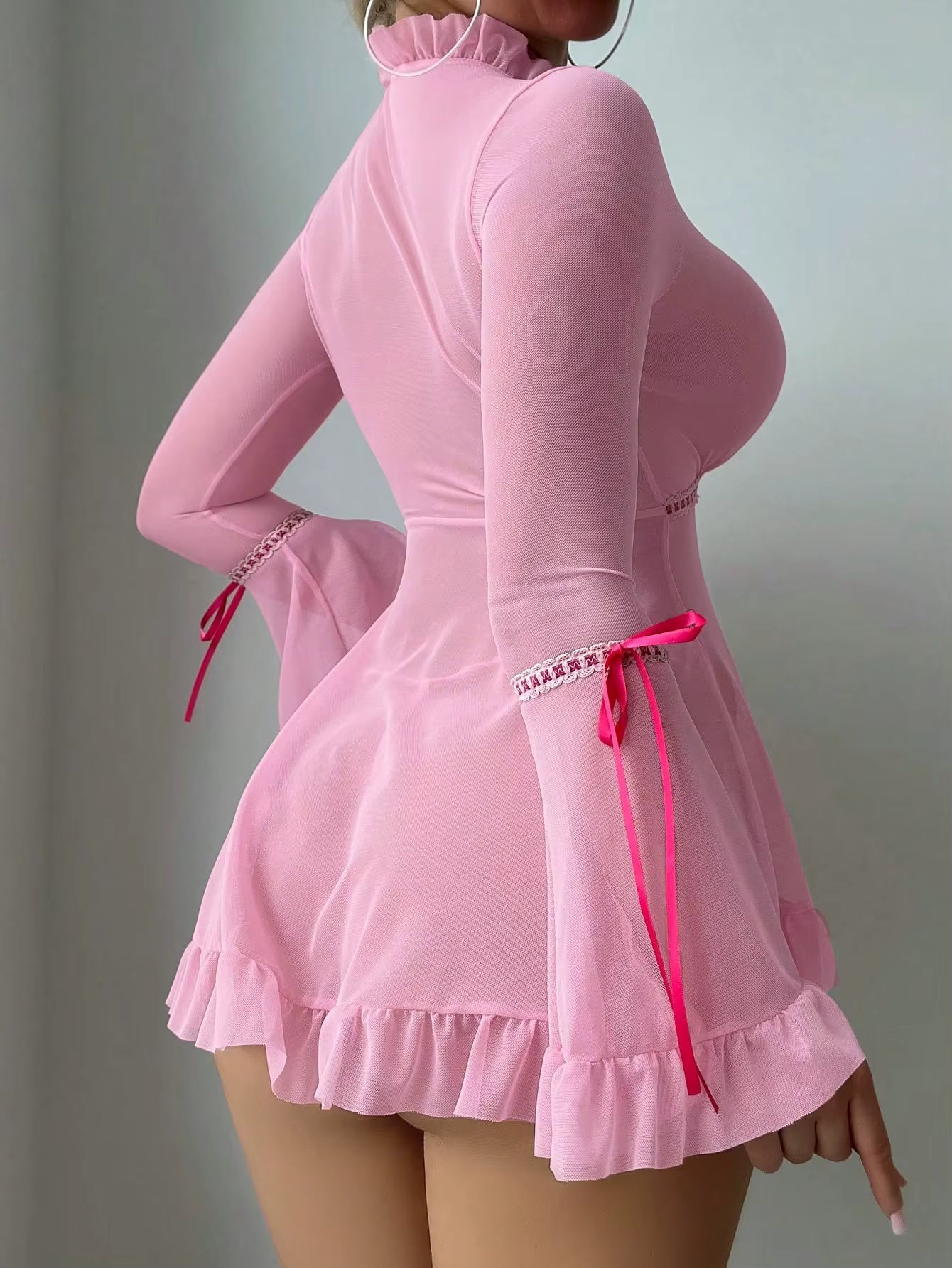 Casual Ruffles Flare Sleeve Frill Trim Deep-V Neck Short Mini Dresses