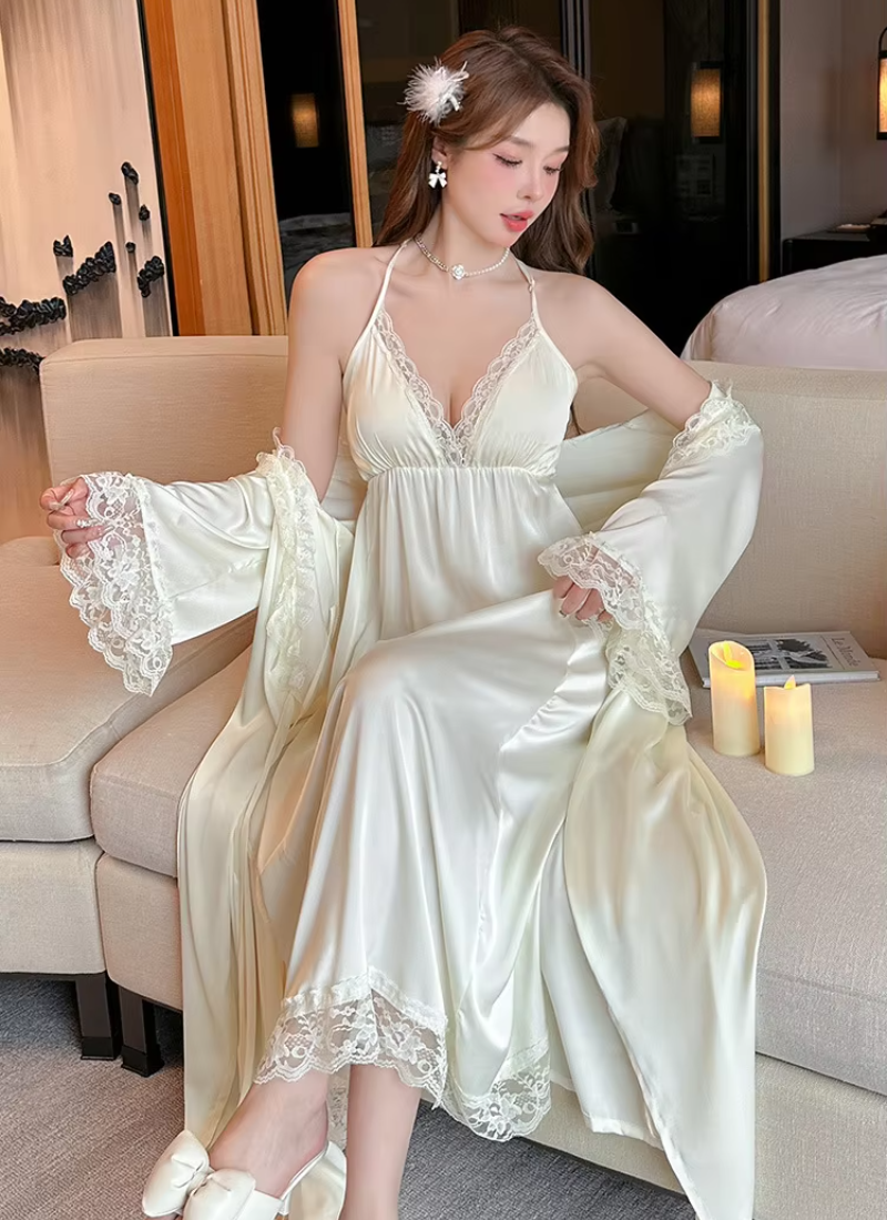 Casual Satin Home Dressing Gown Lounge Wear Lace 2PCS Robe Set Nightgown