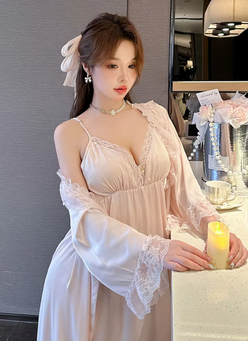 Casual Satin Home Dressing Gown Lounge Wear Lace 2PCS Robe Set Nightgown