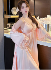 Casual Satin Home Dressing Gown Lounge Wear Lace 2PCS Robe Set Nightgown