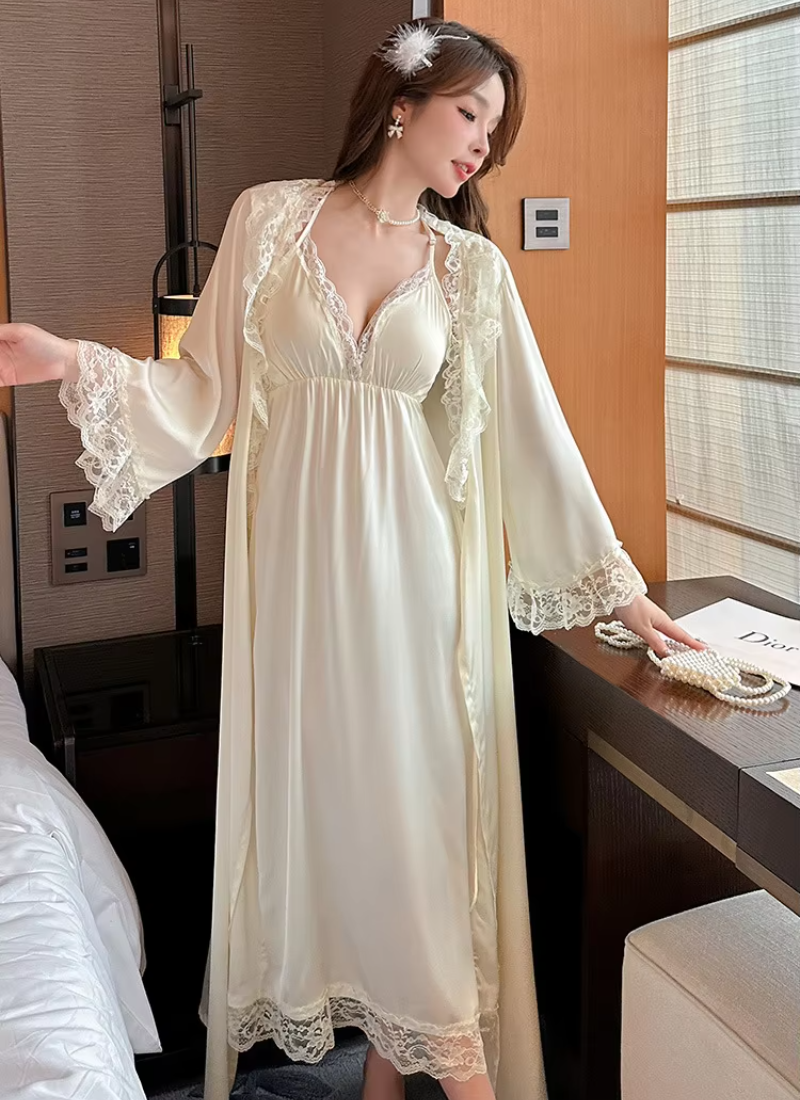 Casual Satin Home Dressing Gown Lounge Wear Lace 2PCS Robe Set Nightgown