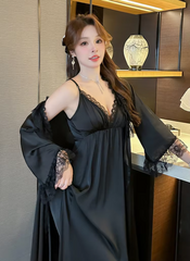Casual Satin Home Dressing Gown Lounge Wear Lace 2PCS Robe Set Nightgown