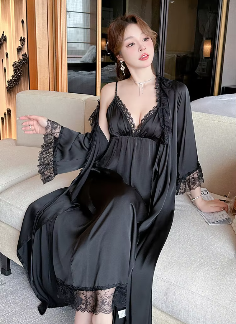 Casual Satin Home Dressing Gown Lounge Wear Lace 2PCS Robe Set Nightgown