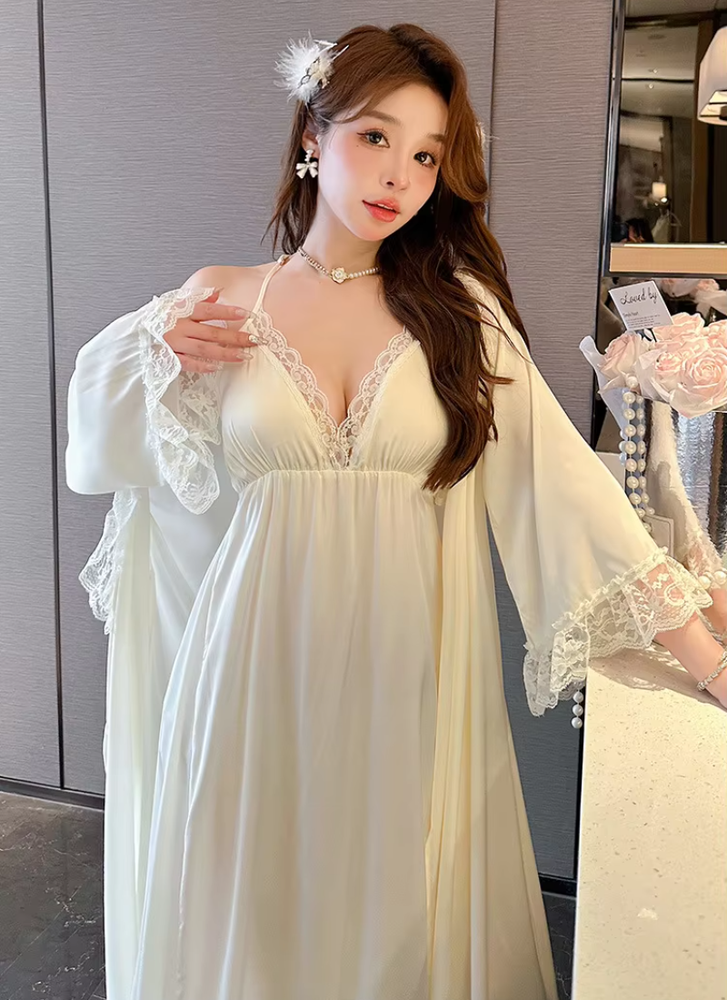 Casual Satin Home Dressing Gown Lounge Wear Lace 2PCS Robe Set Nightgown