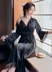 Casual Satin Home Dressing Gown Lounge Wear Lace 2PCS Robe Set Nightgown
