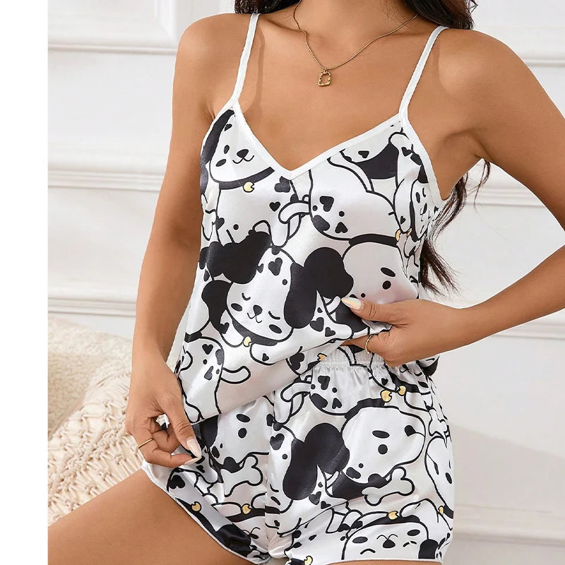 Casual Satin V-Neck Top Elastic Comfortable Perfect Floral Print Pajama Set