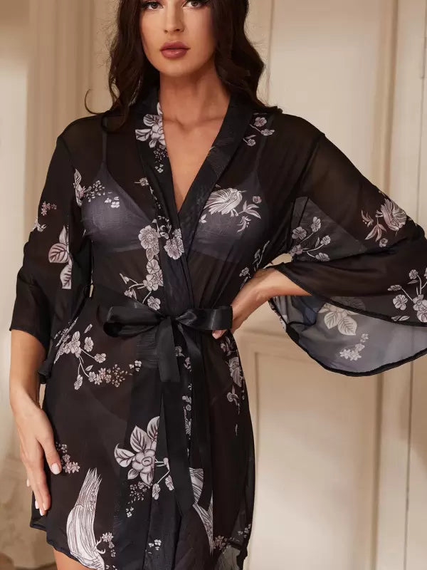 Casual Sheer Floral Print See Through Lingerie Robes Nightgown