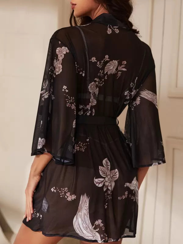 Casual Sheer Floral Print See Through Lingerie Robes Nightgown