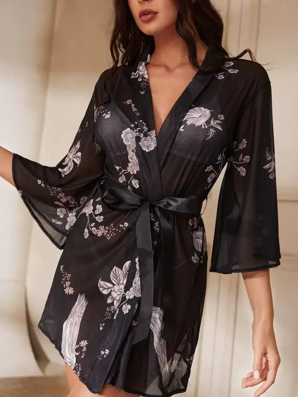 Casual Sheer Floral Print See Through Lingerie Robes Nightgown