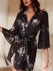 Casual Sheer Floral Print See Through Lingerie Robes Nightgown