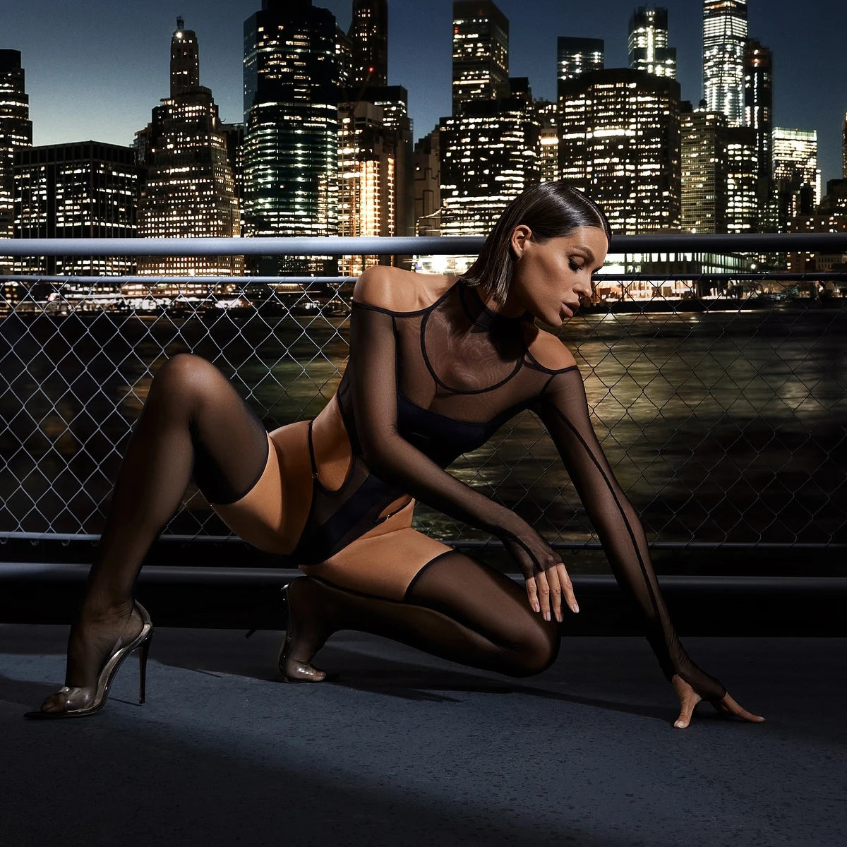 Casual Silk Socks Temptation Perspective Half High Collar Tight jumpsuit