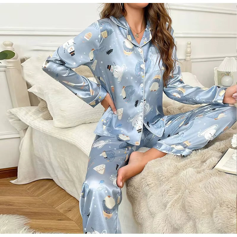 Casual Sleepwear Satin Printed Long Sleeved Top Long Pants Two Piece Set