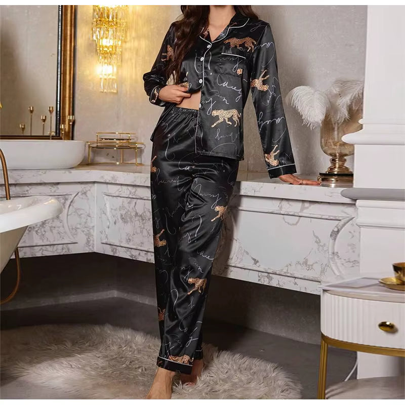 Casual Sleepwear Satin Printed Long Sleeved Top Long Pants Two Piece Set