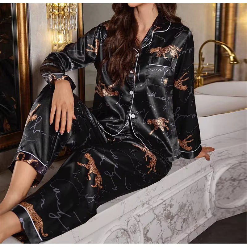 Casual Sleepwear Satin Printed Long Sleeved Top Long Pants Two Piece Set