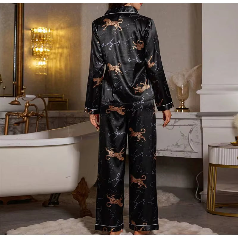 Casual Sleepwear Satin Printed Long Sleeved Top Long Pants Two Piece Set
