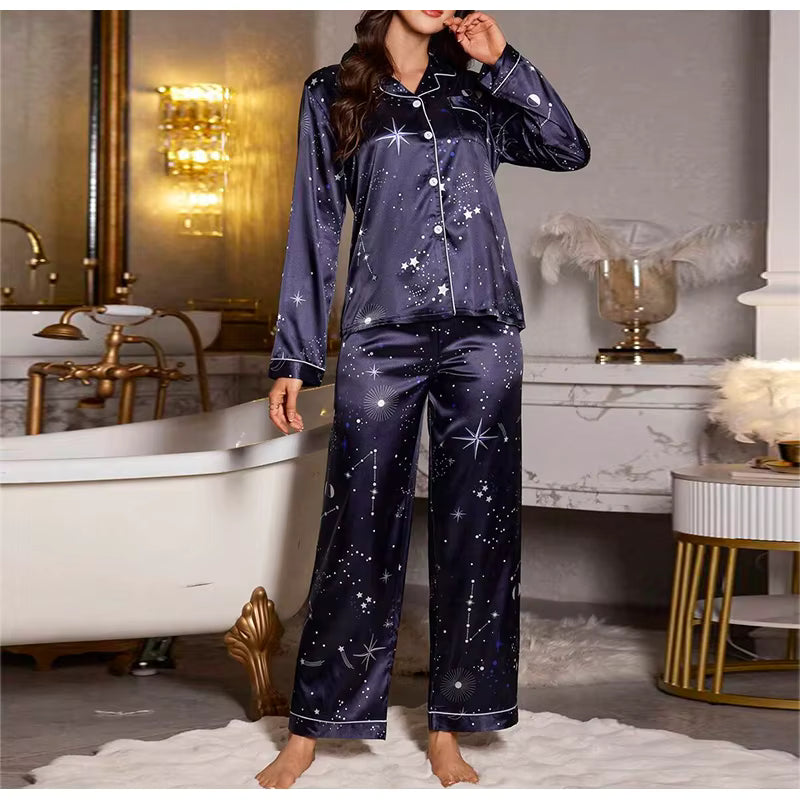 Casual Sleepwear Satin Printed Long Sleeved Top Long Pants Two Piece Set