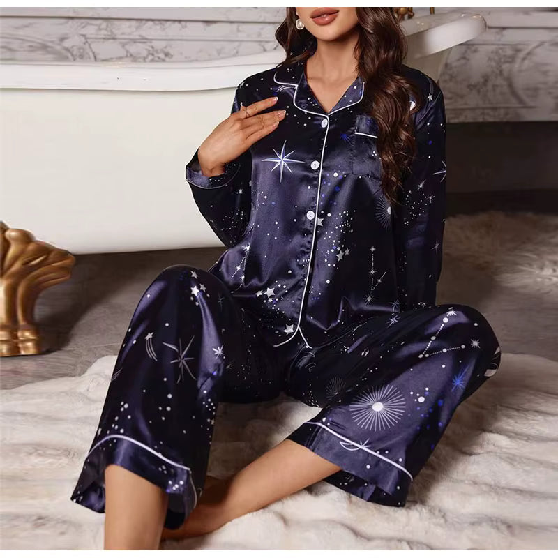 Casual Sleepwear Satin Printed Long Sleeved Top Long Pants Two Piece Set