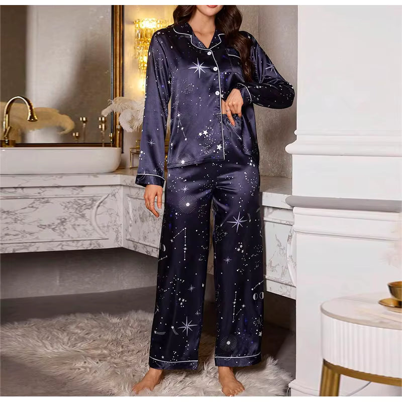 Casual Sleepwear Satin Printed Long Sleeved Top Long Pants Two Piece Set