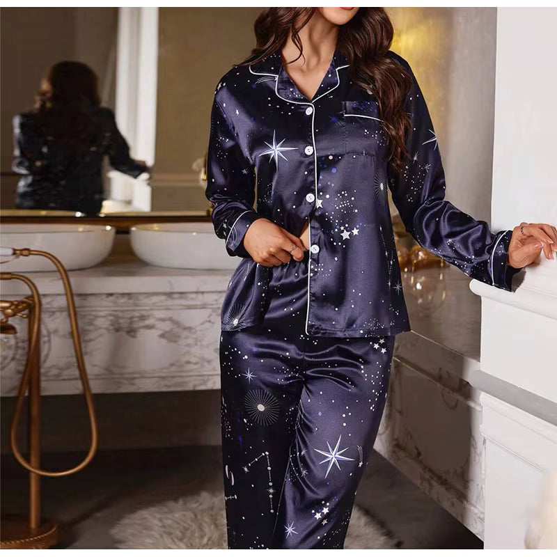 Casual Sleepwear Satin Printed Long Sleeved Top Long Pants Two Piece Set