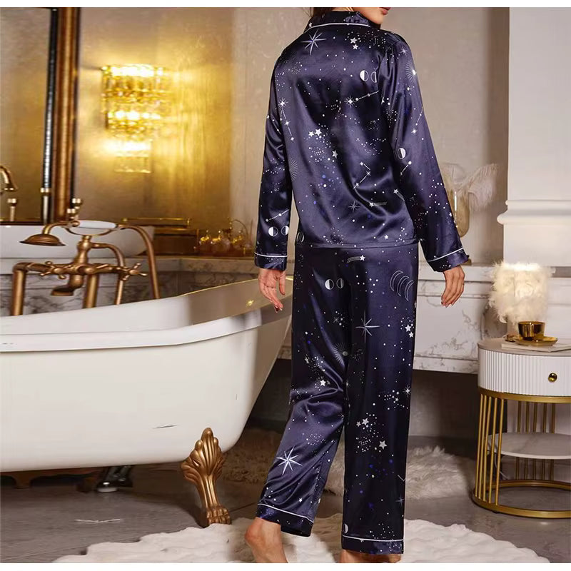 Casual Sleepwear Satin Printed Long Sleeved Top Long Pants Two Piece Set