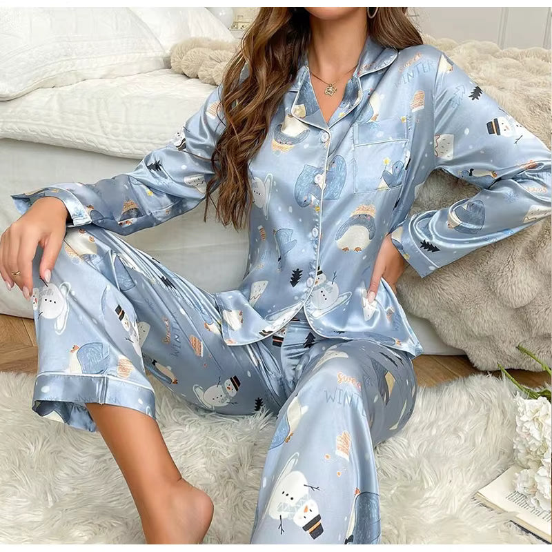 Casual Sleepwear Satin Printed Long Sleeved Top Long Pants Two Piece Set