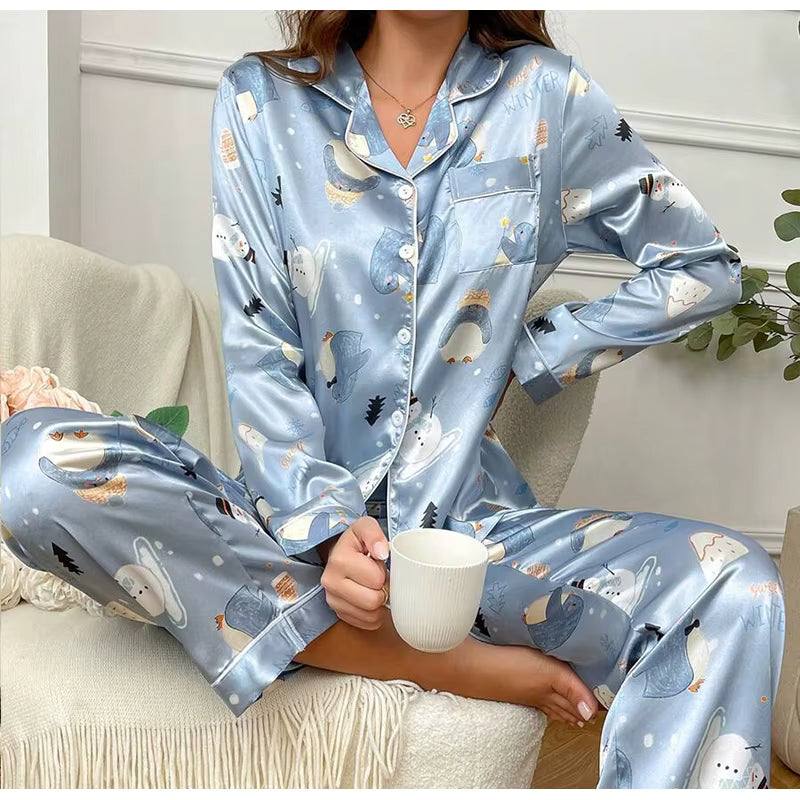 Casual Sleepwear Satin Printed Long Sleeved Top Long Pants Two Piece Set