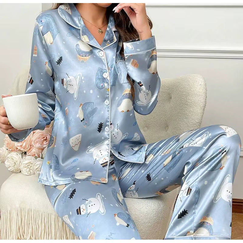 Casual Sleepwear Satin Printed Long Sleeved Top Long Pants Two Piece Set