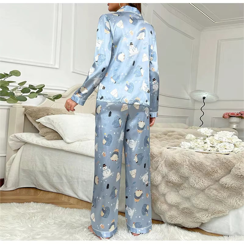 Casual Sleepwear Satin Printed Long Sleeved Top Long Pants Two Piece Set