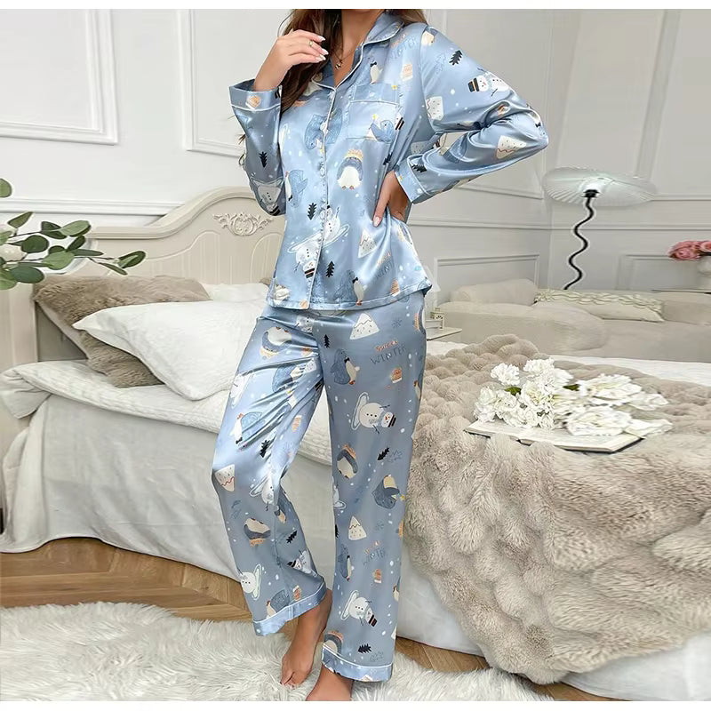 Casual Sleepwear Satin Printed Long Sleeved Top Long Pants Two Piece Set