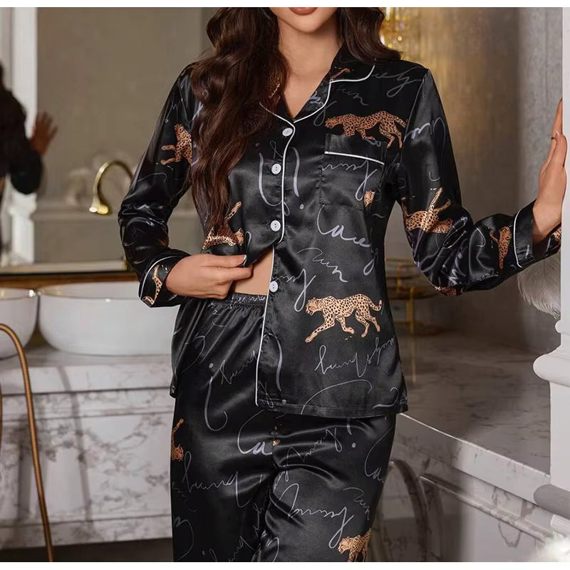Casual Sleepwear Satin Printed Long Sleeved Top Long Pants Two Piece Set