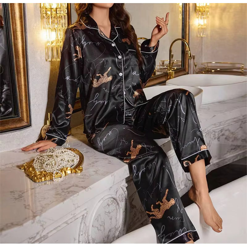 Casual Sleepwear Satin Printed Long Sleeved Top Long Pants Two Piece Set