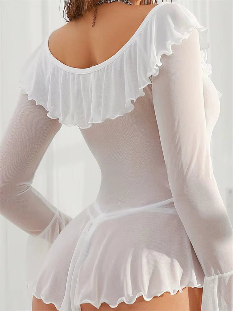 Casual Slips Nightie with Thongs Solid See-Through Ruffles Nightgown Sleepwear Dress