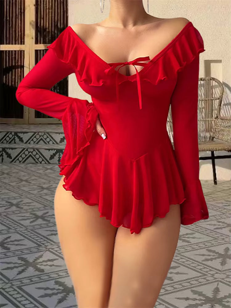 Casual Slips Nightie with Thongs Solid See-Through Ruffles Nightgown Sleepwear Dress