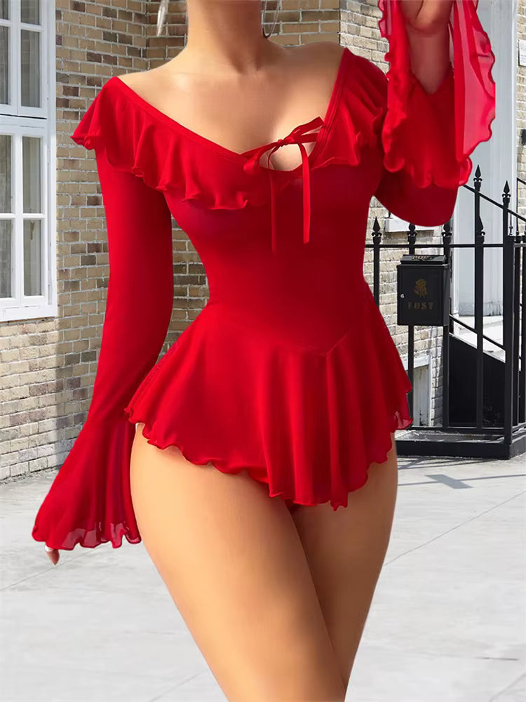 Casual Slips Nightie with Thongs Solid See-Through Ruffles Nightgown Sleepwear Dress