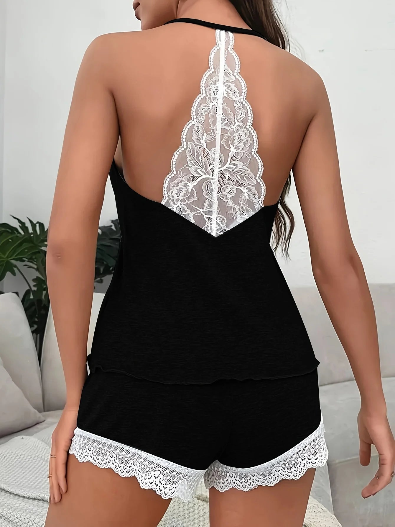 Casual Spaghetti Strap Lace Hem Cami Top and Shorts Soft Knit Sleepwear Pajama Set