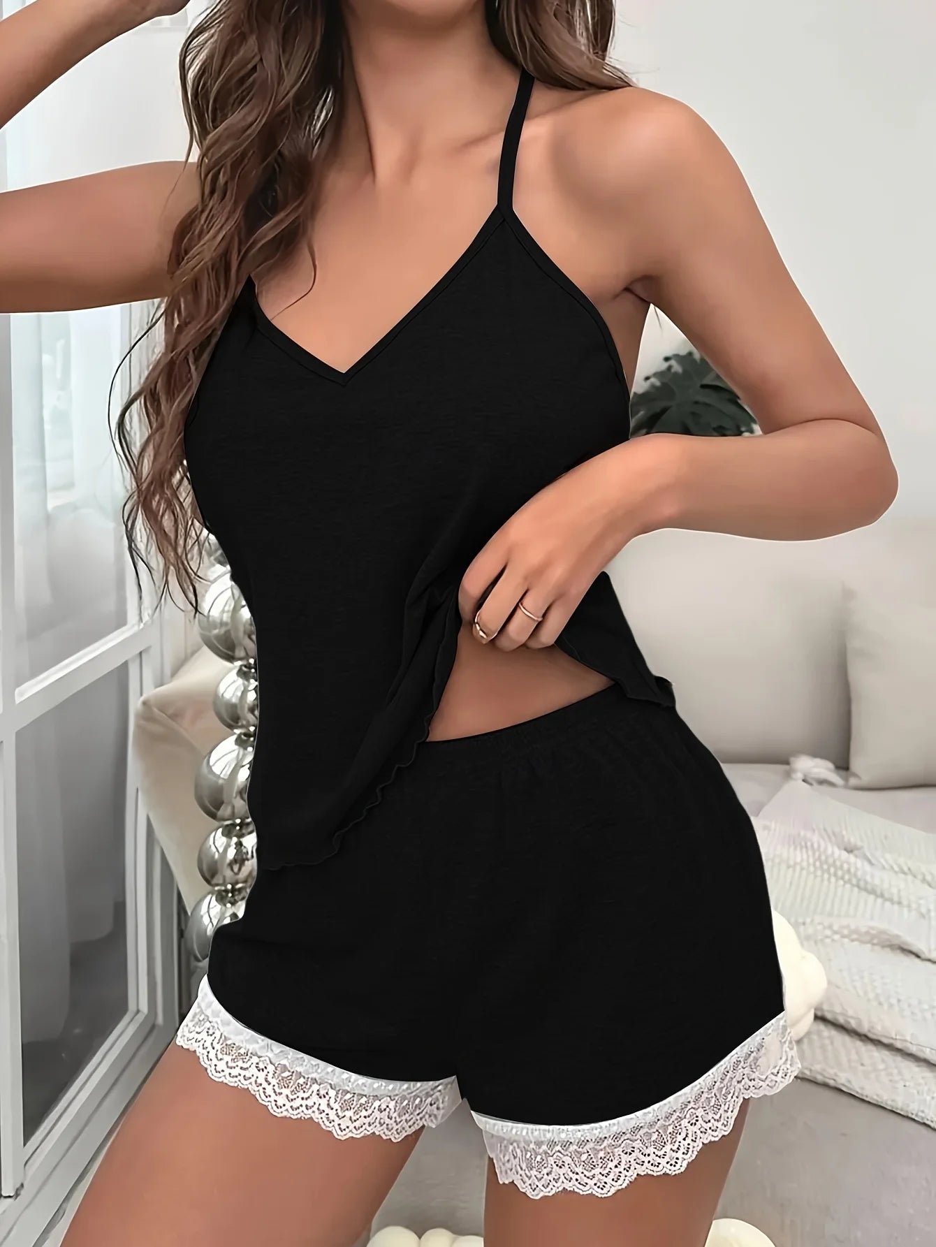 Casual Spaghetti Strap Lace Hem Cami Top and Shorts Soft Knit Sleepwear Pajama Set