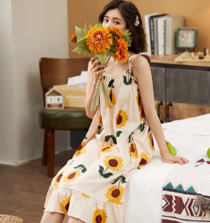 Elegant Spaghetti Strap V-Neck Floral Print Cotton Night Dress