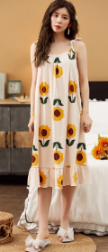 Elegant Spaghetti Strap V-Neck Floral Print Cotton Night Dress