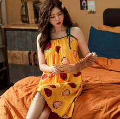 Elegant Spaghetti Strap V-Neck Floral Print Cotton Night Dress