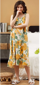 Elegant Spaghetti Strap V-Neck Floral Print Cotton Night Dress